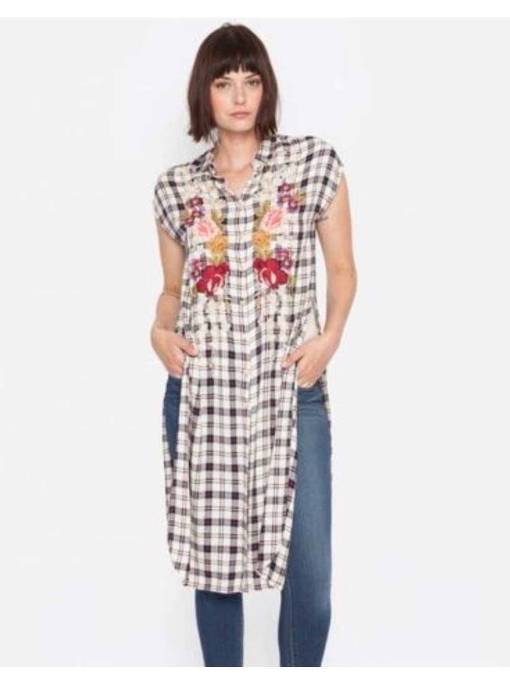 Johnny Was Klara Easy Tunic Embroidered Plaid Button Down Dress XS